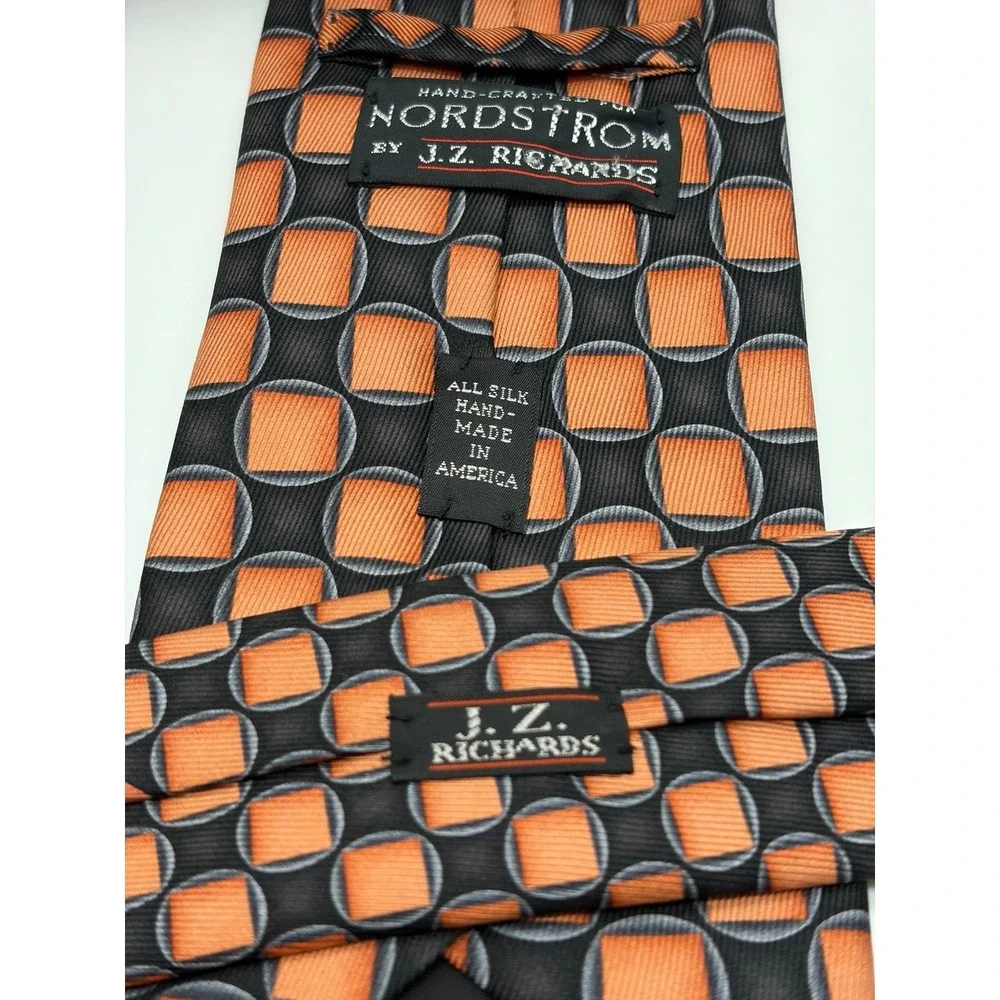 J.Z. Richards for Nordstrom, Orange/Black Textured Square Geometric Pattern Silk